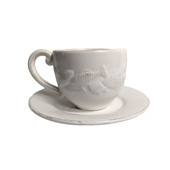 burton+Burton Mariner Bay Ceramic Teacup & Saucer Gift Set Fish Rustic Boxed - Picture 5 of 9